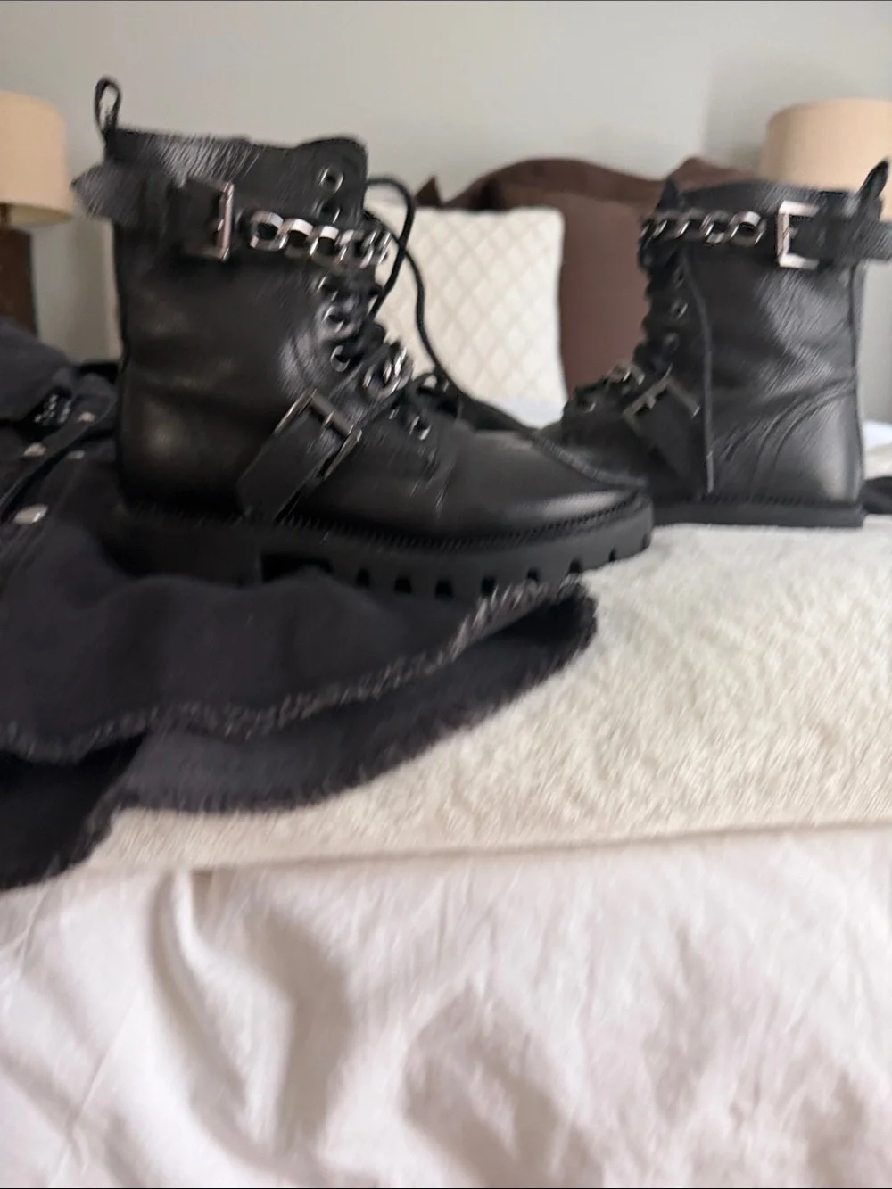 Zara Black Kids Lace-Up Combat Boots with Chain & Buckle Accents